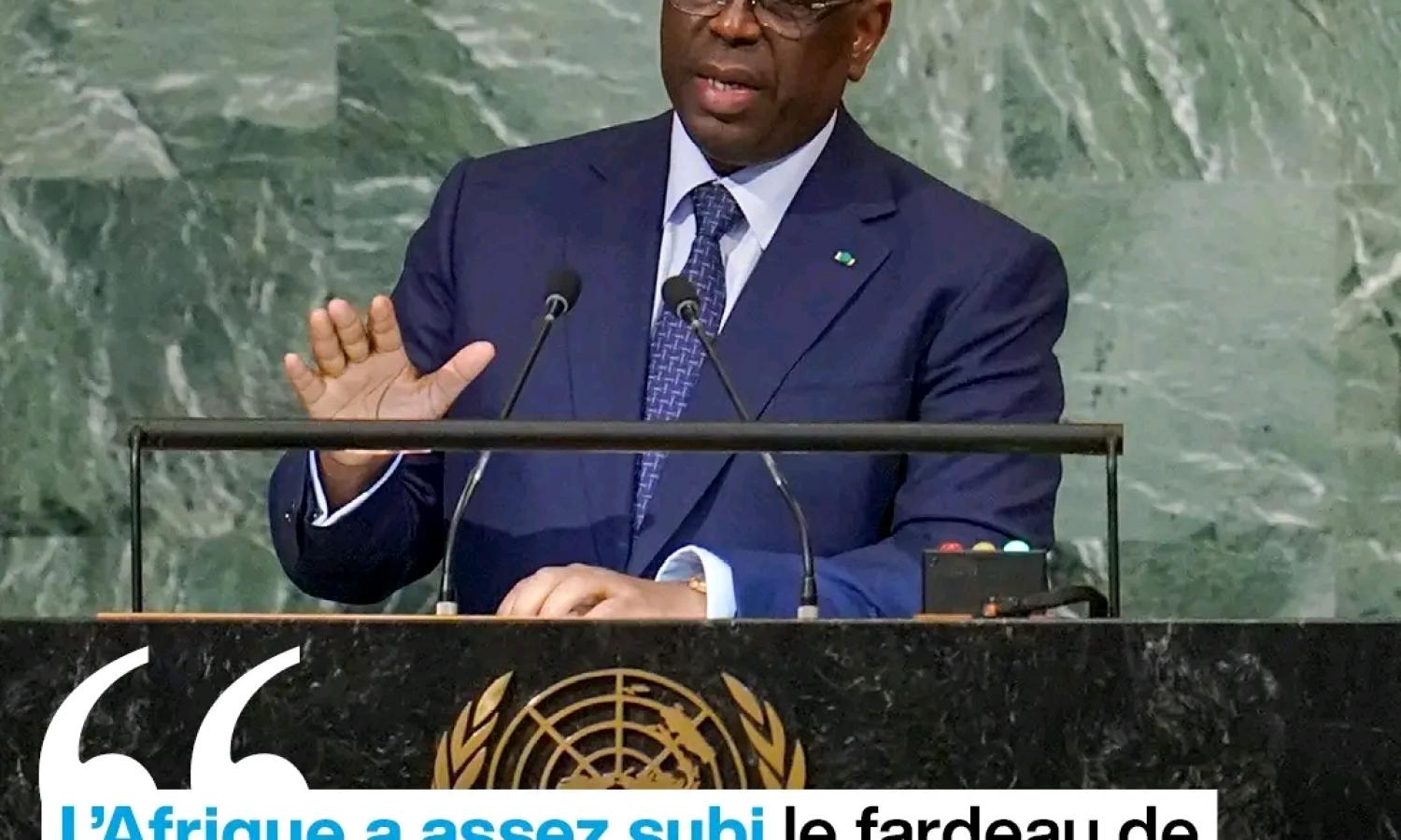 Le président du Sénégal et président de l'Union africaine Macky Sall lors de  l'ouverture de la 77ème session de l'Assemblée générale de l'ONU 