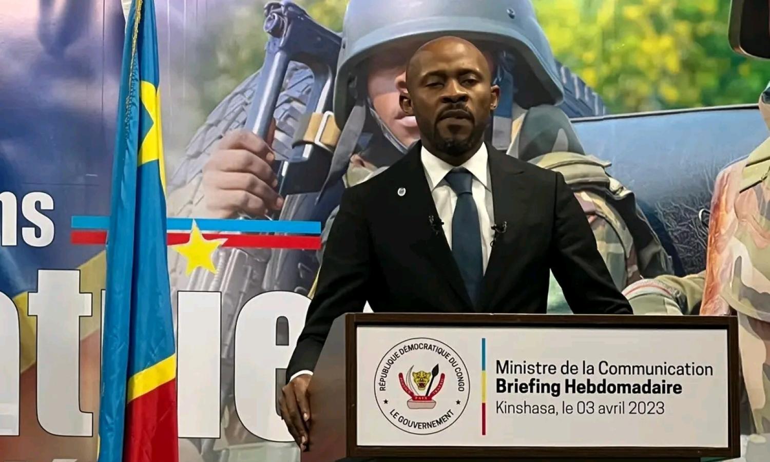  Le ministre de la communication et médias et porte-parole du gouvernement Patrick Muyaya, au cours d'un briefing tenu à Kinshasa.